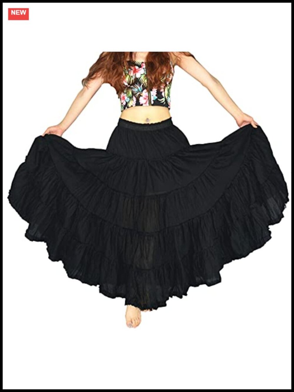 Pleated Cotton 5 Tiered Maxi Skirt A-Line Full Flowy Long Dance Skirt